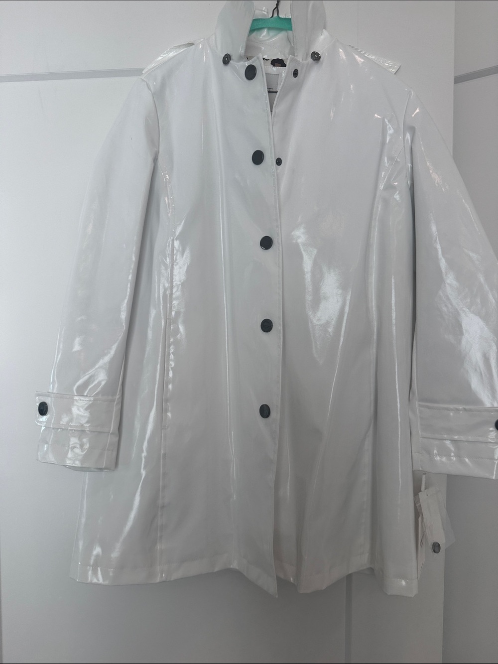 Jane Post Shiny White Trench Coat with Black Buttons
